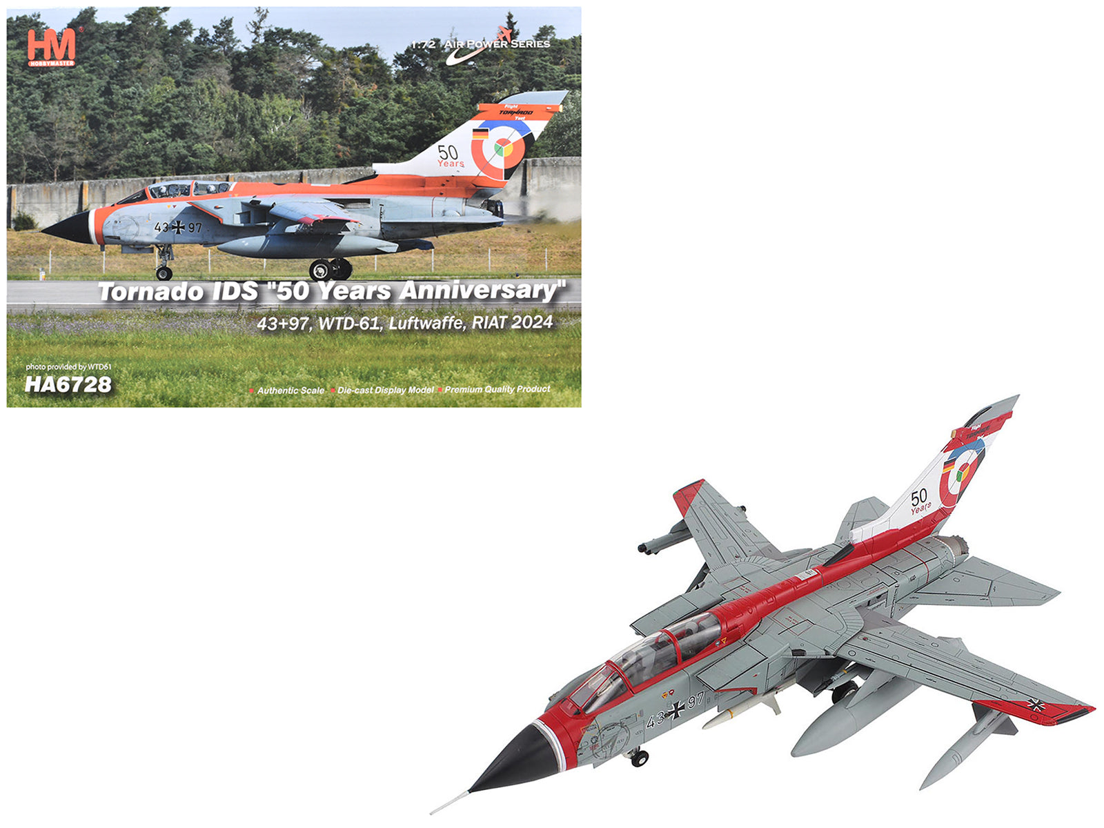 Panavia Tornado IDS Aircraft "43+97 WTD-61 50 Years Royal International Air Tattoo" (2024) German Luftwaffe "Air Power Series" 1/72 Diecast Model by Hobby Master-DiecastModeler.com