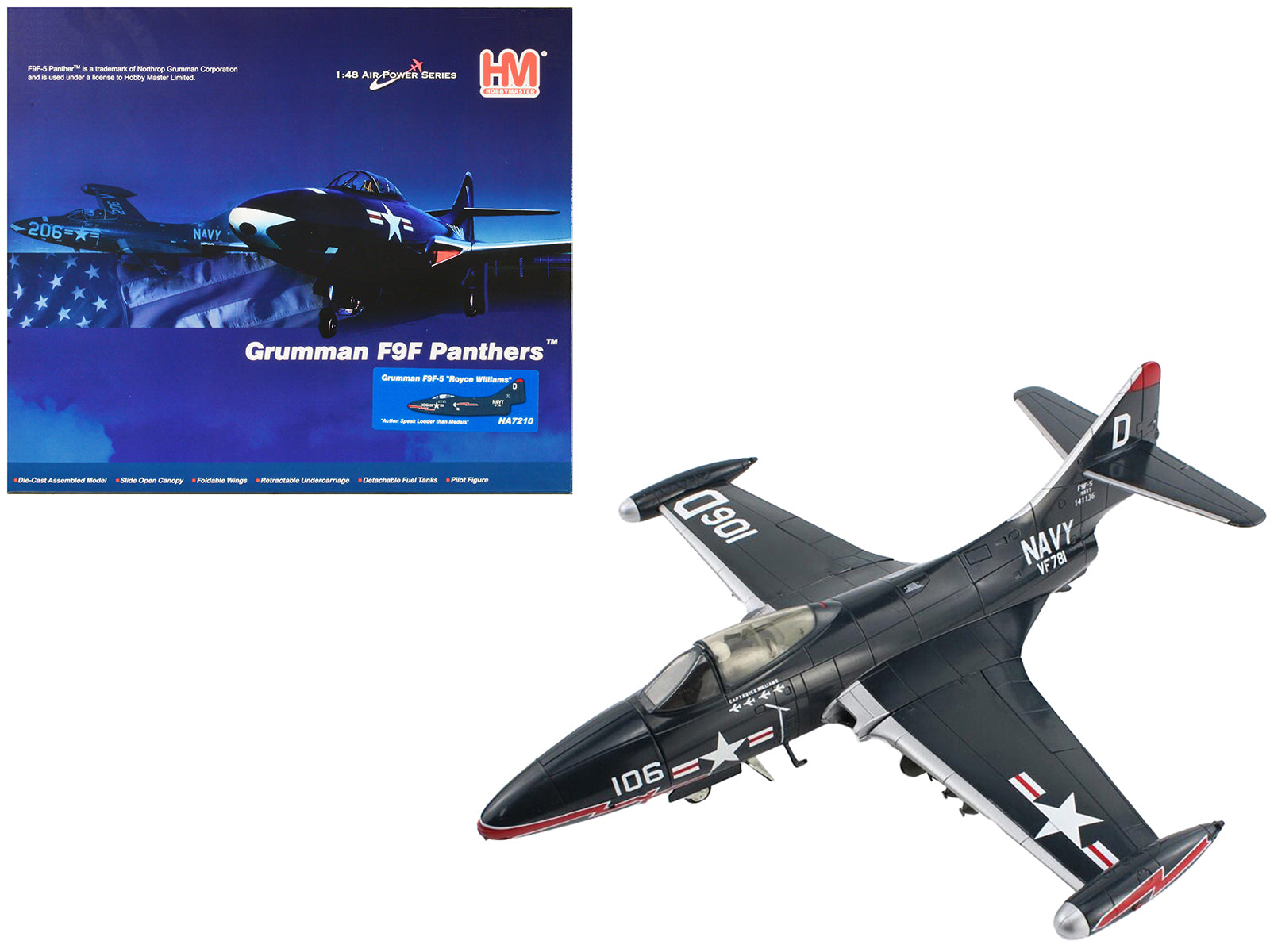 Grumman F9F-5 Panther Aircraft "VF-781 Royce Williams Action Speak Louder than Medals" United States Navy "Air Power Series" 1/48 Diecast Model by Hobby Master-DiecastModeler.com