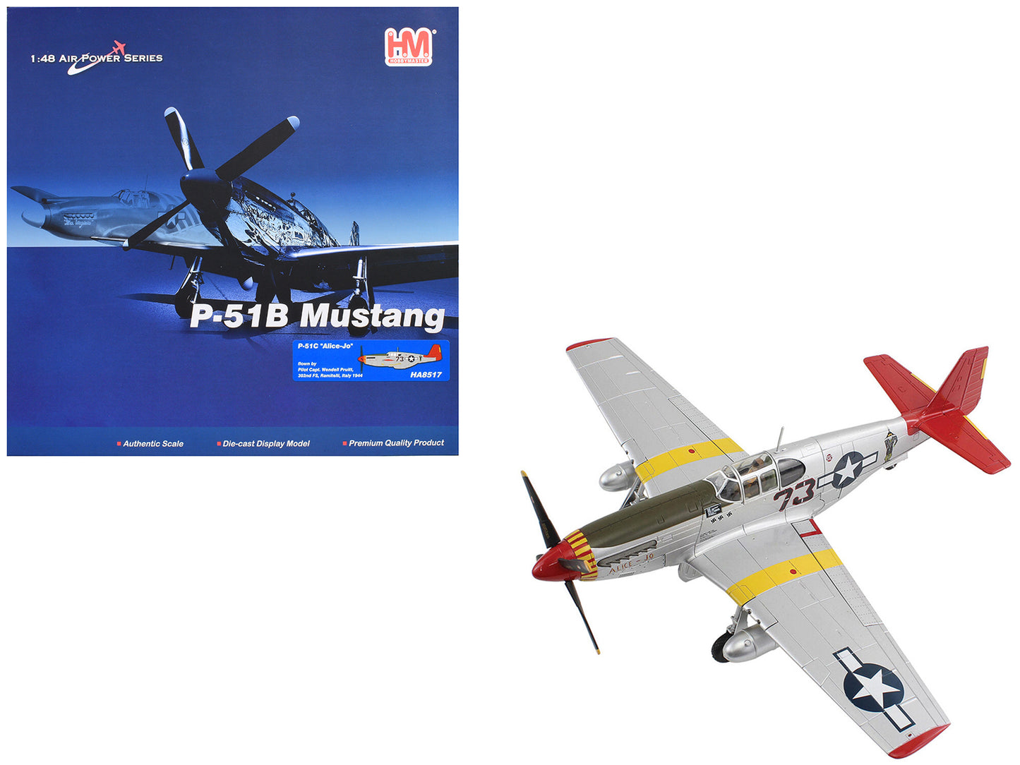 North American P-51C Mustang Fighter Aircraft "Alice-Jo Capt. Wendell Pruitt 302nd FS Italy" (1945) United States Army Air Force "Air Power Series" 1/48 Diecast Model by Hobby Master-DiecastModeler.com