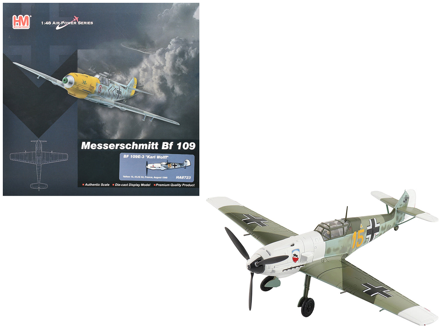 Messerschmitt Bf 109E-3 Fighter Aircraft "Yellow 15 Karl Wolff III/JG 52 France" (1940) German Luftwaffe "Air Power Series" 1/48 Diecast Model by Hobby Master