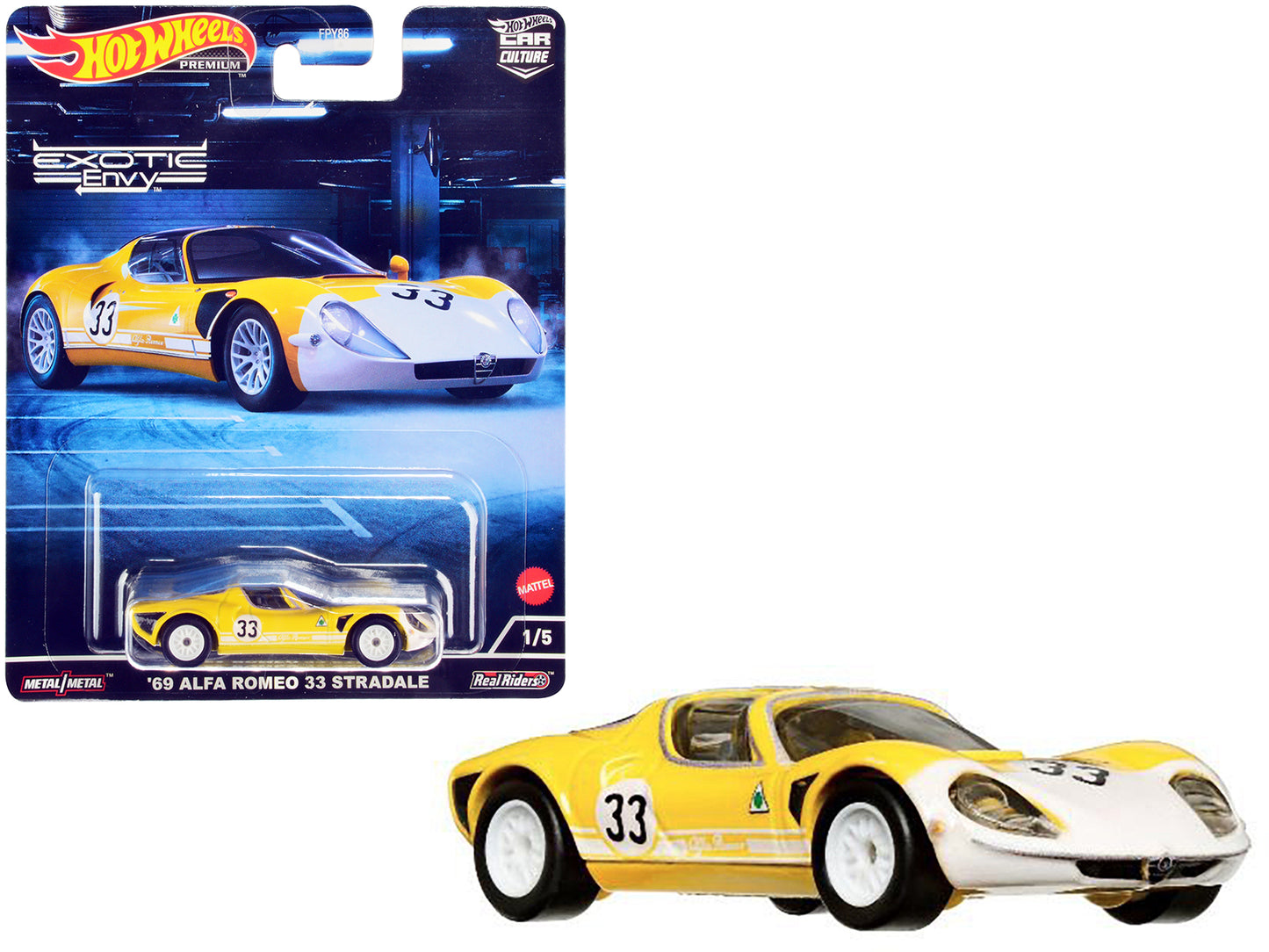 1969 Alfa Romeo 33 Stradale #33 Yellow and White "Exotic Envy" Series Diecast Model Car by Hot Wheels-DiecastModeler.com