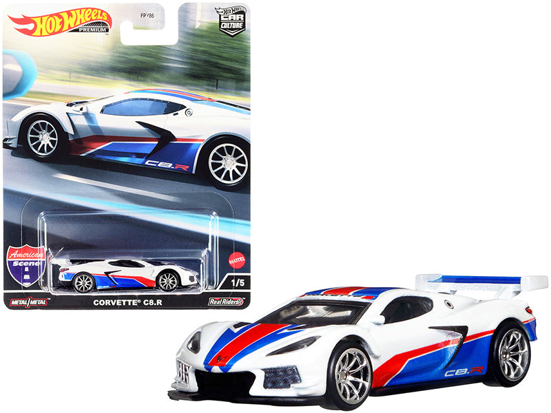 Chevrolet Corvette C8.R Pearl White with Red and Blue Stripes "American Scene" "Car Culture" Series Diecast Model Car by Hot Wheels-DiecastModeler.com