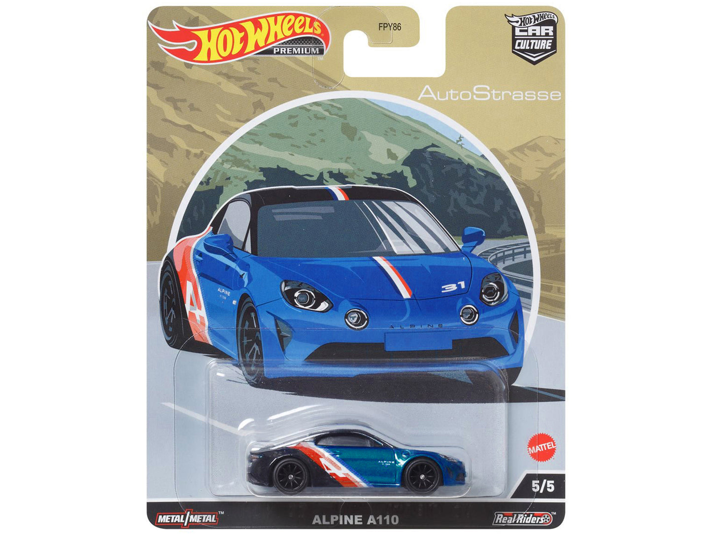 Alpine A110 Blue Metallic and Black with Graphics "Auto Strasse" Series Diecast Model Car by Hot Wheels-DiecastModeler.com
