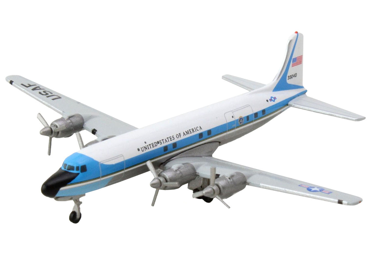Douglas VC-118A Transport Aircraft "United States Air Force One 1254th Air Transport Wing Andrews Air Base" (53-3240) White with Blue Stripes 1/500 Diecast Model Airplane by Herpa-DiecastModeler.com