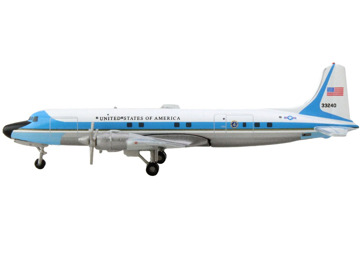 Douglas VC-118A Transport Aircraft "United States Air Force One 1254th Air Transport Wing Andrews Air Base" (53-3240) White with Blue Stripes 1/500 Diecast Model Airplane by Herpa-DiecastModeler.com