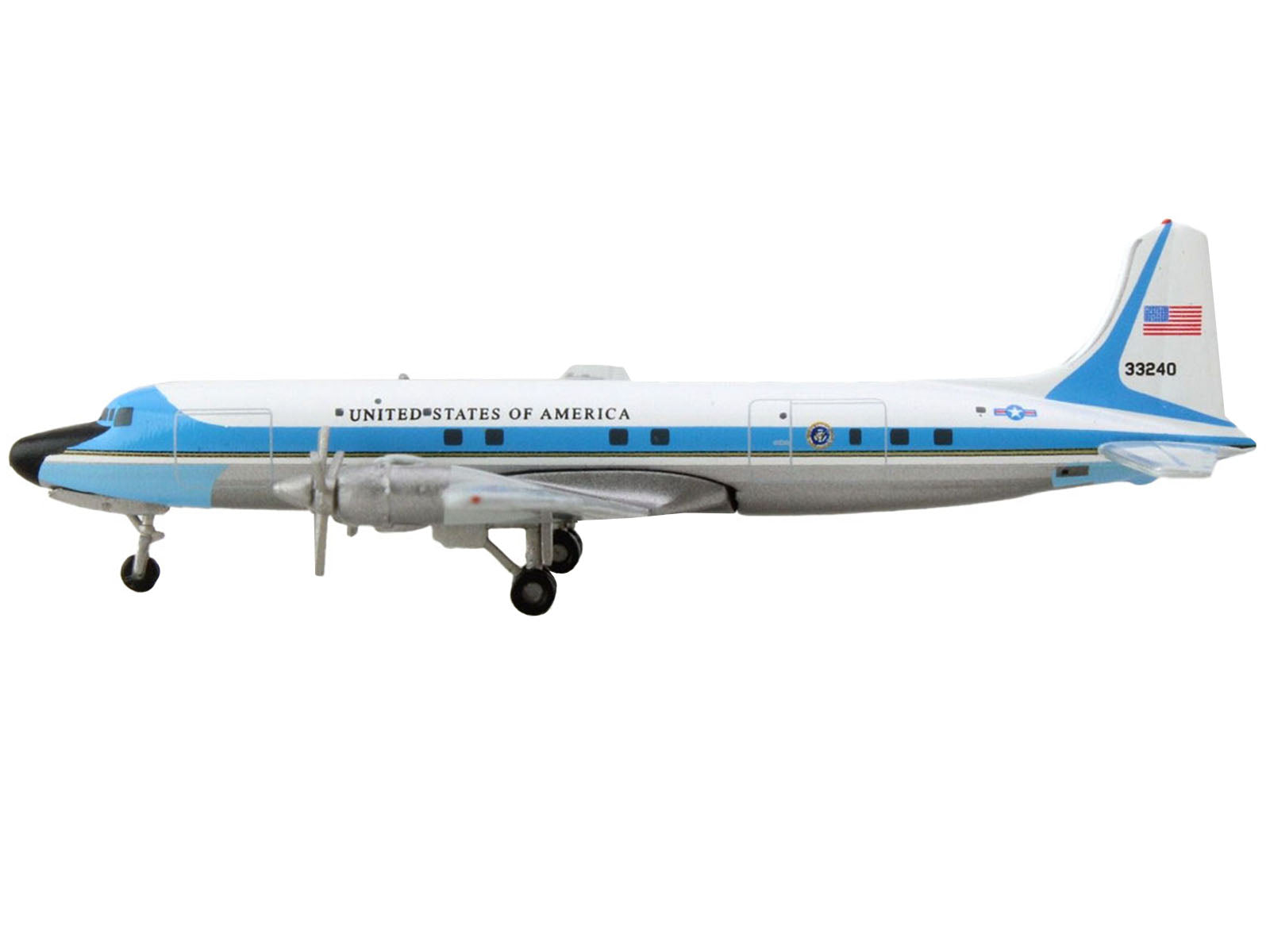 Douglas VC-118A Transport Aircraft "United States Air Force One 1254th Air Transport Wing Andrews Air Base" (53-3240) White with Blue Stripes 1/500 Diecast Model Airplane by Herpa-DiecastModeler.com
