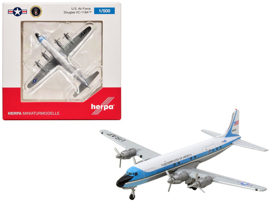 Douglas VC-118A Transport Aircraft "United States Air Force One 1254th Air Transport Wing Andrews Air Base" (53-3240) White with Blue Stripes 1/500 Diecast Model Airplane by Herpa-DiecastModeler.com