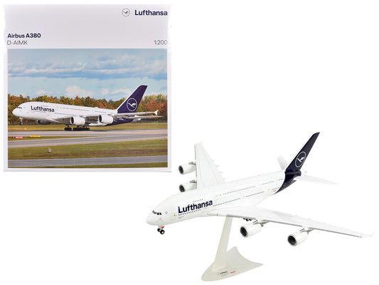 Airbus A380 Commercial Aircraft "Lufthansa" (D-AIMK) White with Dark Blue Tail 1/200 Plastic Model Airplane by Herpa-DiecastModeler.com