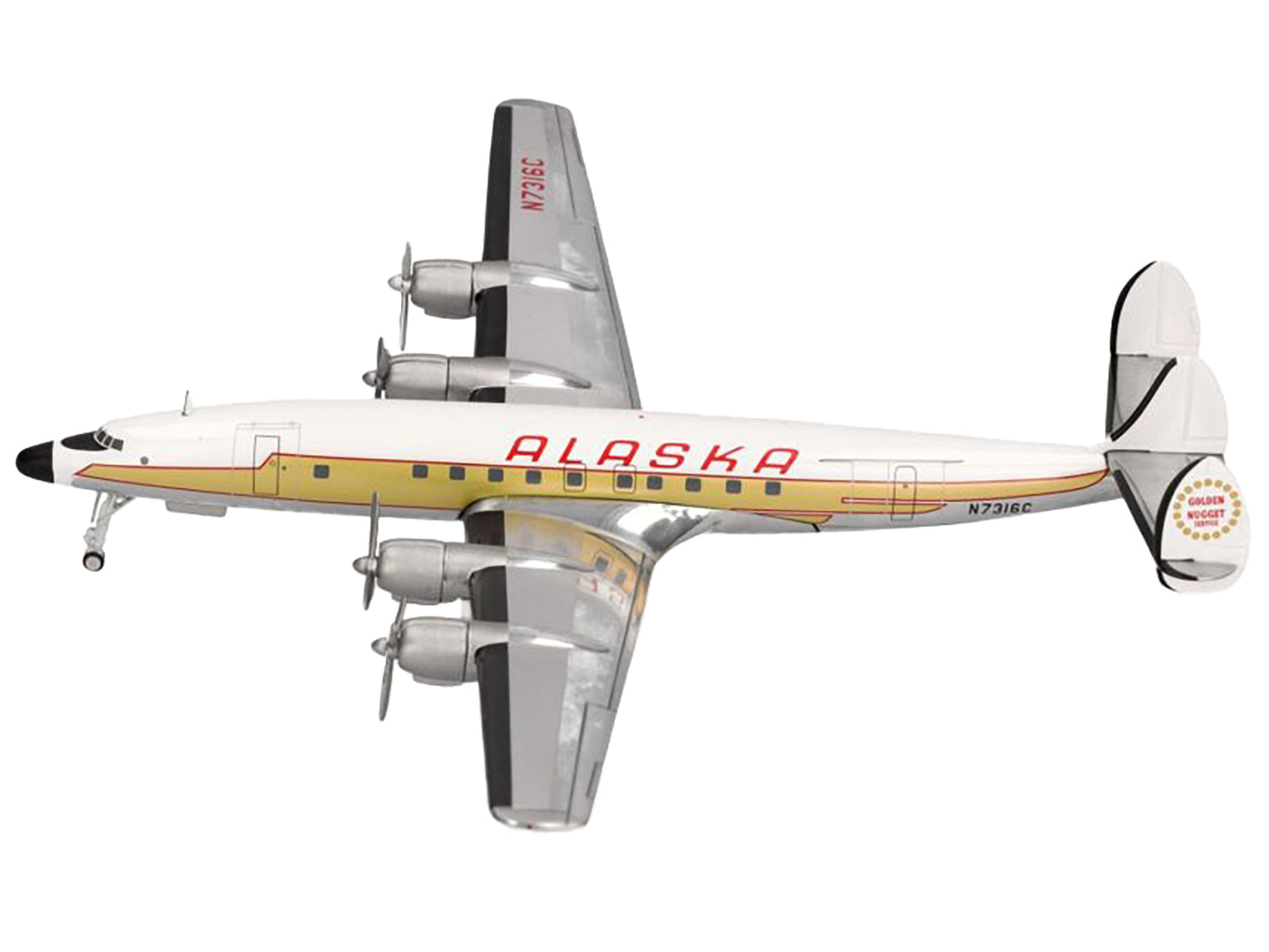 Lockheed L-1649A Starliner Commercial Aircraft "Alaska Airlines - Golden Nugget Service" (N7316C) White and Gold with Red Stripes 1/200 Diecast Model Airplane by Herpa-DiecastModeler.com