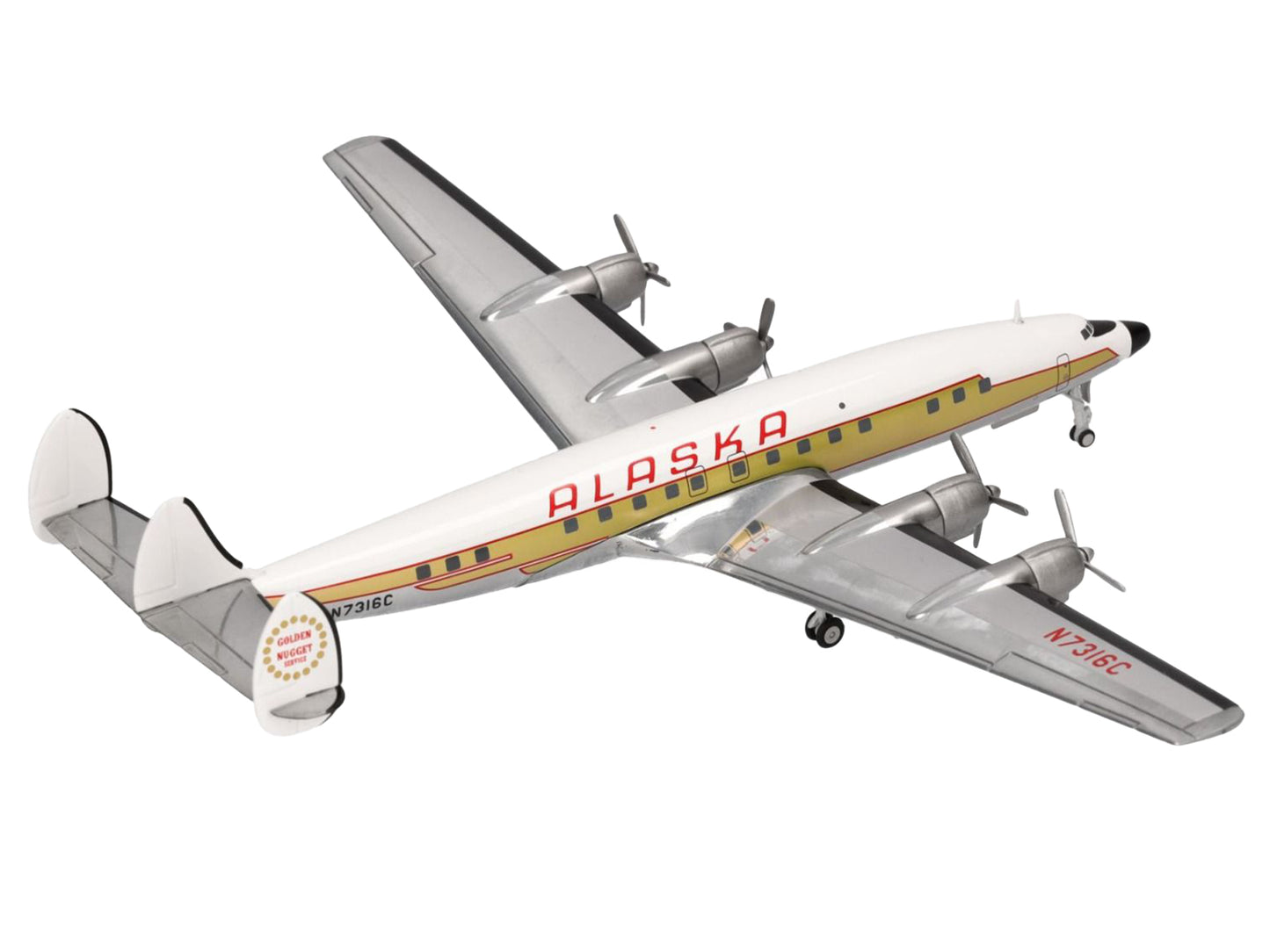 Lockheed L-1649A Starliner Commercial Aircraft "Alaska Airlines - Golden Nugget Service" (N7316C) White and Gold with Red Stripes 1/200 Diecast Model Airplane by Herpa-DiecastModeler.com