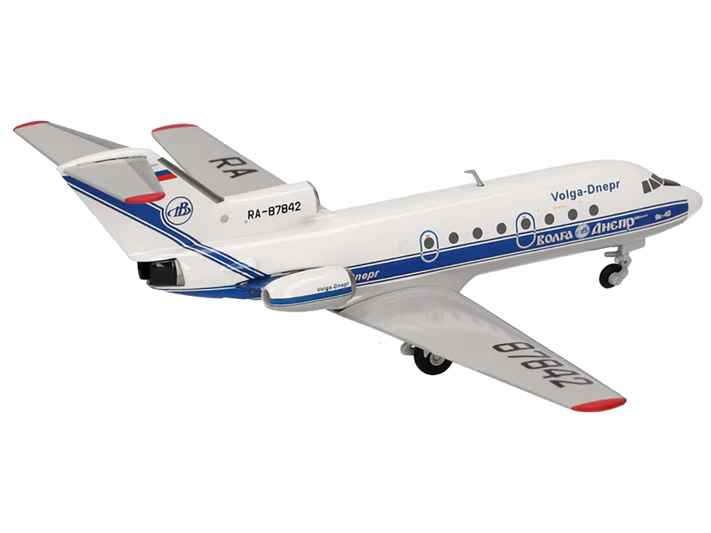 Yakovlev Yak-40 Commercial Aircraft "Volga-Dnepr Airlines" (RA-87842) White with Blue Stripes 1/200 Diecast Model Airplane by Herpa