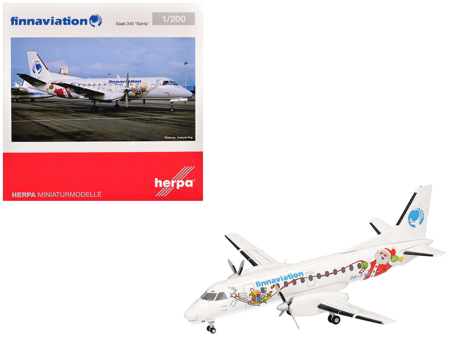Saab 340 Commercial Aircraft "Finnaviation - Santa Livery" (OH-FAH) White with Graphics 1/200 Diecast Model Airplane by Herpa