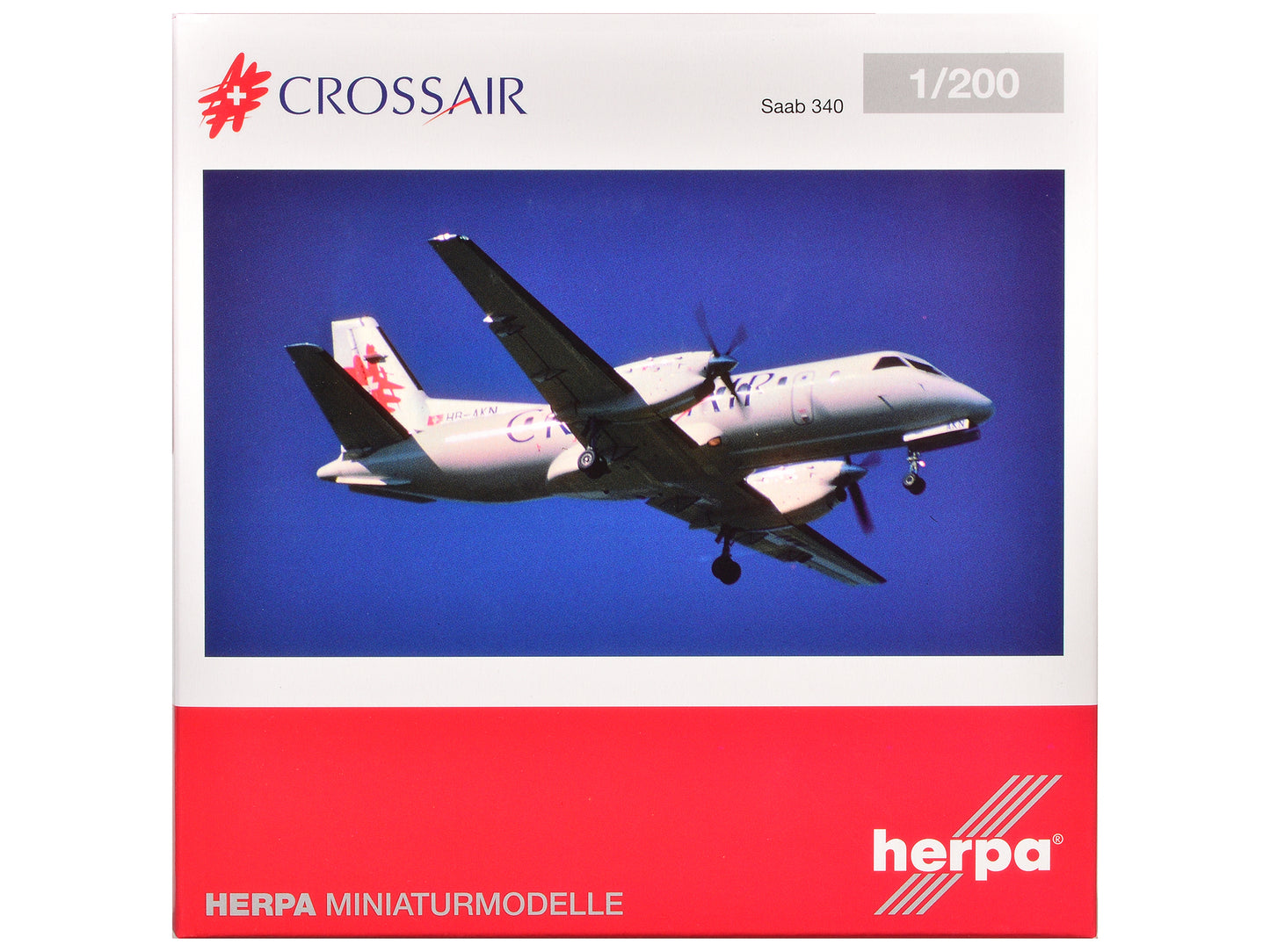 Saab 340 Commercial Aircraft "Crossair" (HB-AKN) White with Tail Graphics 1/200 Diecast Model Airplane by Herpa-DiecastModeler.com
