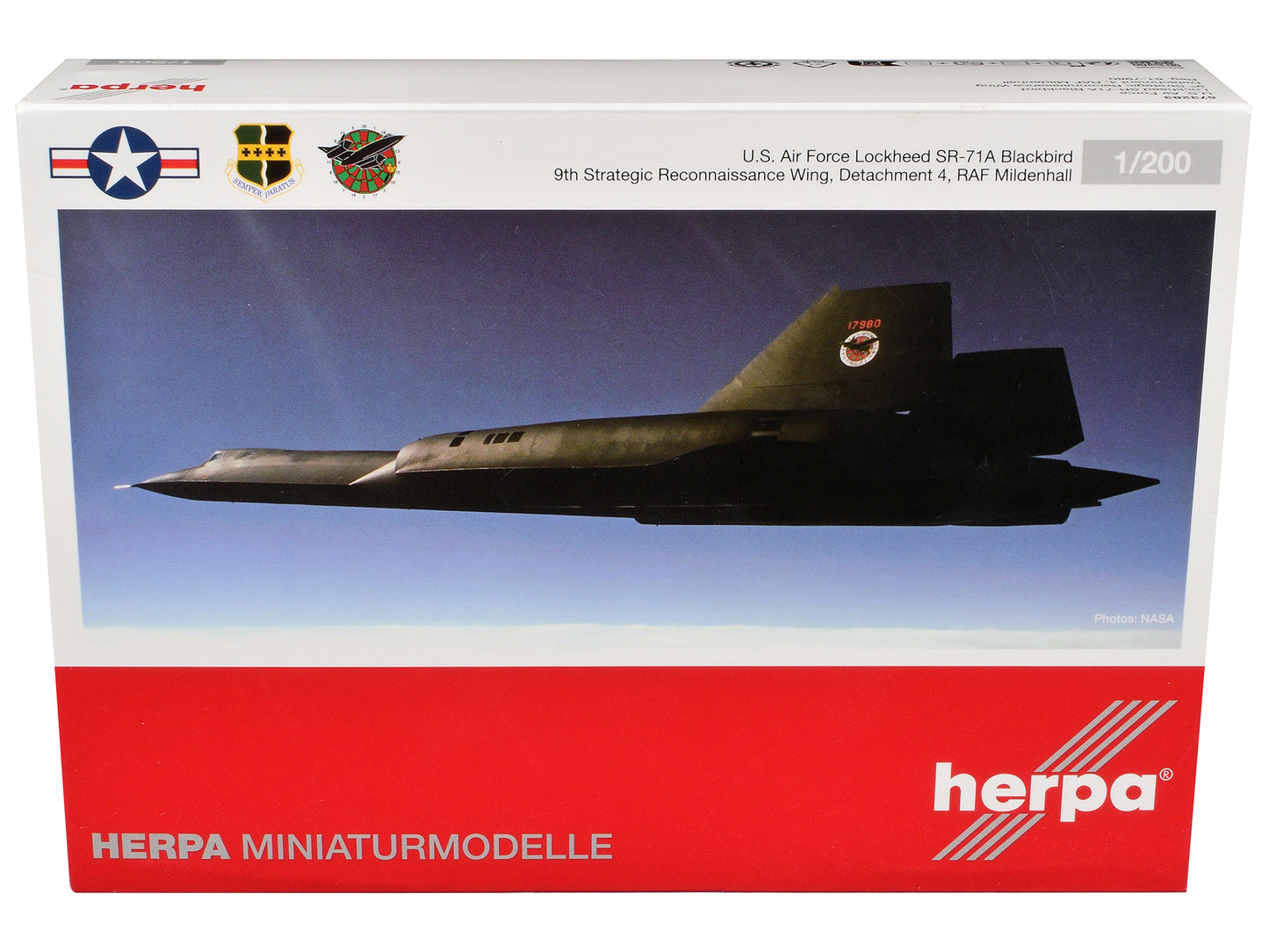 Lockheed SR-71A Blackbird Stealth Aircraft "9th Strategic Reconnaissance Wing Detachment 4 RAF Mildenhall" United States Air Force 1/200 Diecast Model Airplane by Herpa-DiecastModeler.com