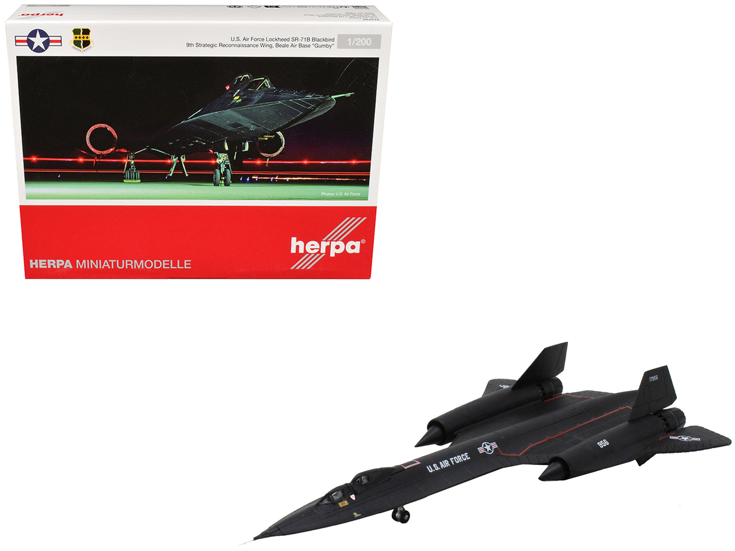 Lockheed SR-71B Blackbird Stealth Aircraft "9th Strategic Reconnaissance Wing Beale Air Base Gumby" United States Air Force 1/200 Diecast Model Airplane by Herpa-DiecastModeler.com