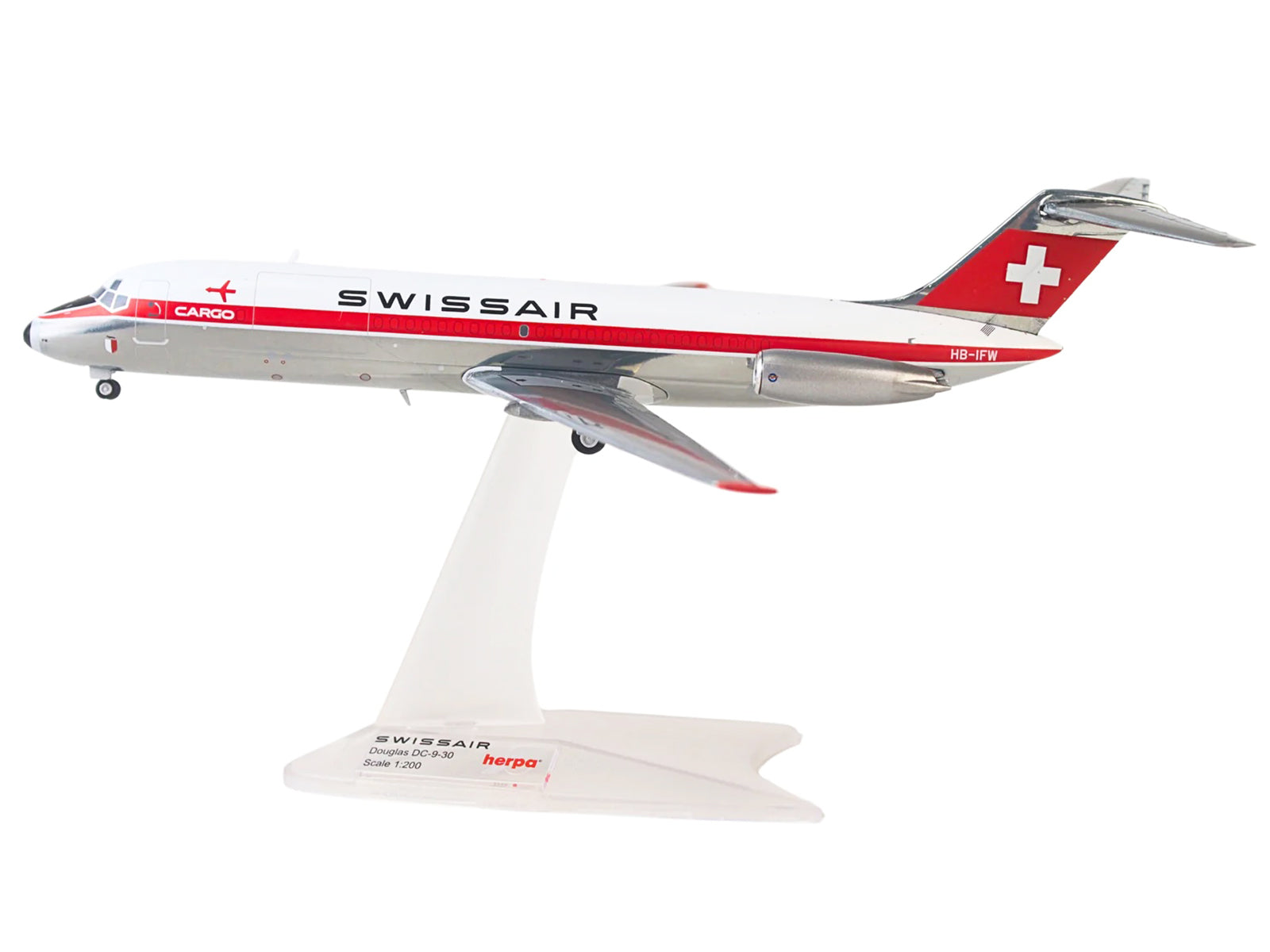 Douglas DC-9-30F Commercial Aircraft "Swissair" (HB-IFW) White with Red Stripes 1/200 Diecast Model Airplane by Herpa-DiecastModeler.com