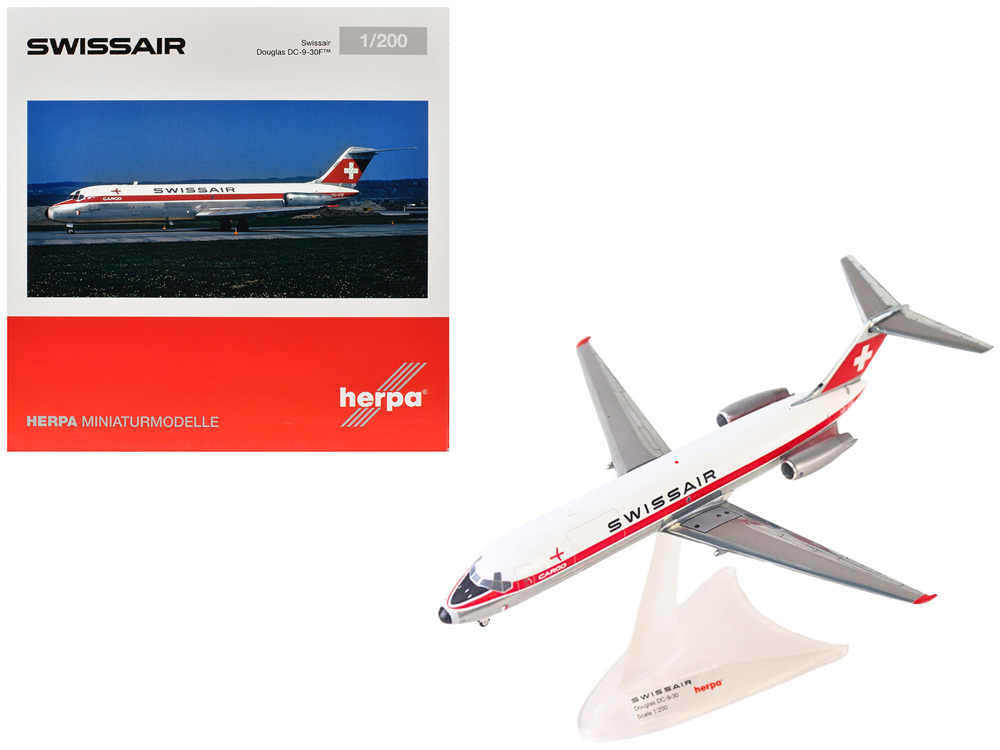 Douglas DC-9-30F Commercial Aircraft "Swissair" (HB-IFW) White with Red Stripes 1/200 Diecast Model Airplane by Herpa-DiecastModeler.com