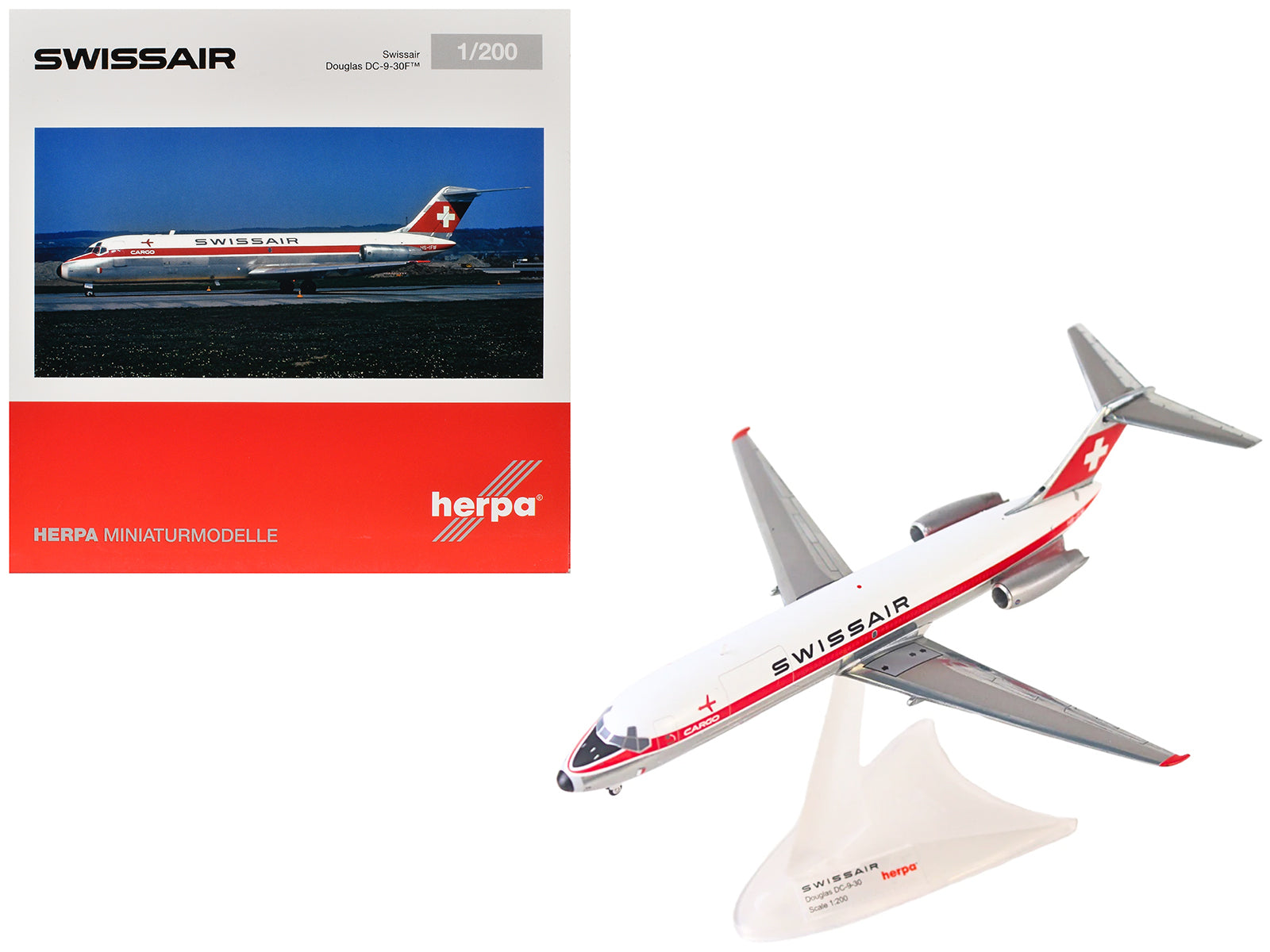 Douglas DC-9-30F Commercial Aircraft "Swissair" (HB-IFW) White with Red Stripes 1/200 Diecast Model Airplane by Herpa-DiecastModeler.com