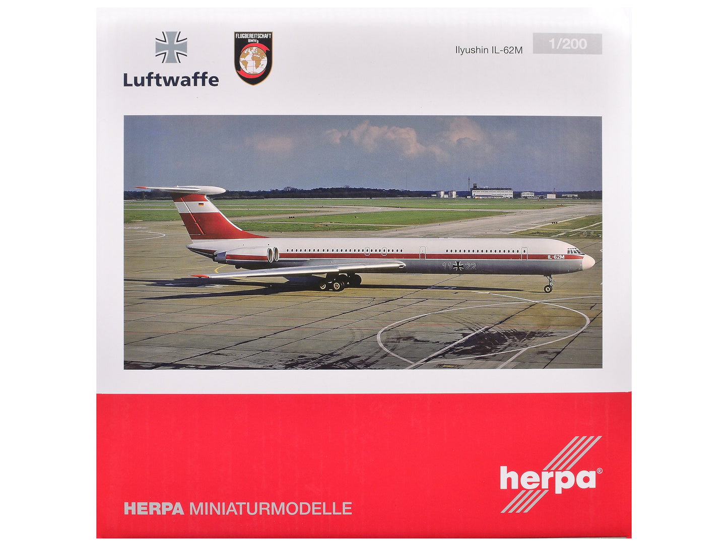 Ilyushin IL-62M Commercial Aircraft "German Luftwaffe" (11+22) White with Red Stripes 1/200 Diecast Model Airplane by Herpa-DiecastModeler.com
