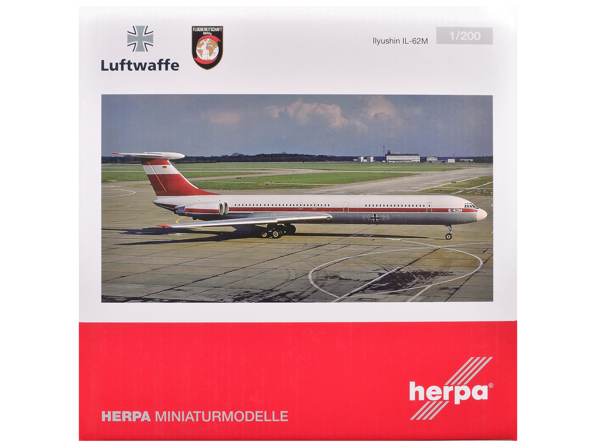 Ilyushin IL-62M Commercial Aircraft "German Luftwaffe" (11+22) White with Red Stripes 1/200 Diecast Model Airplane by Herpa-DiecastModeler.com