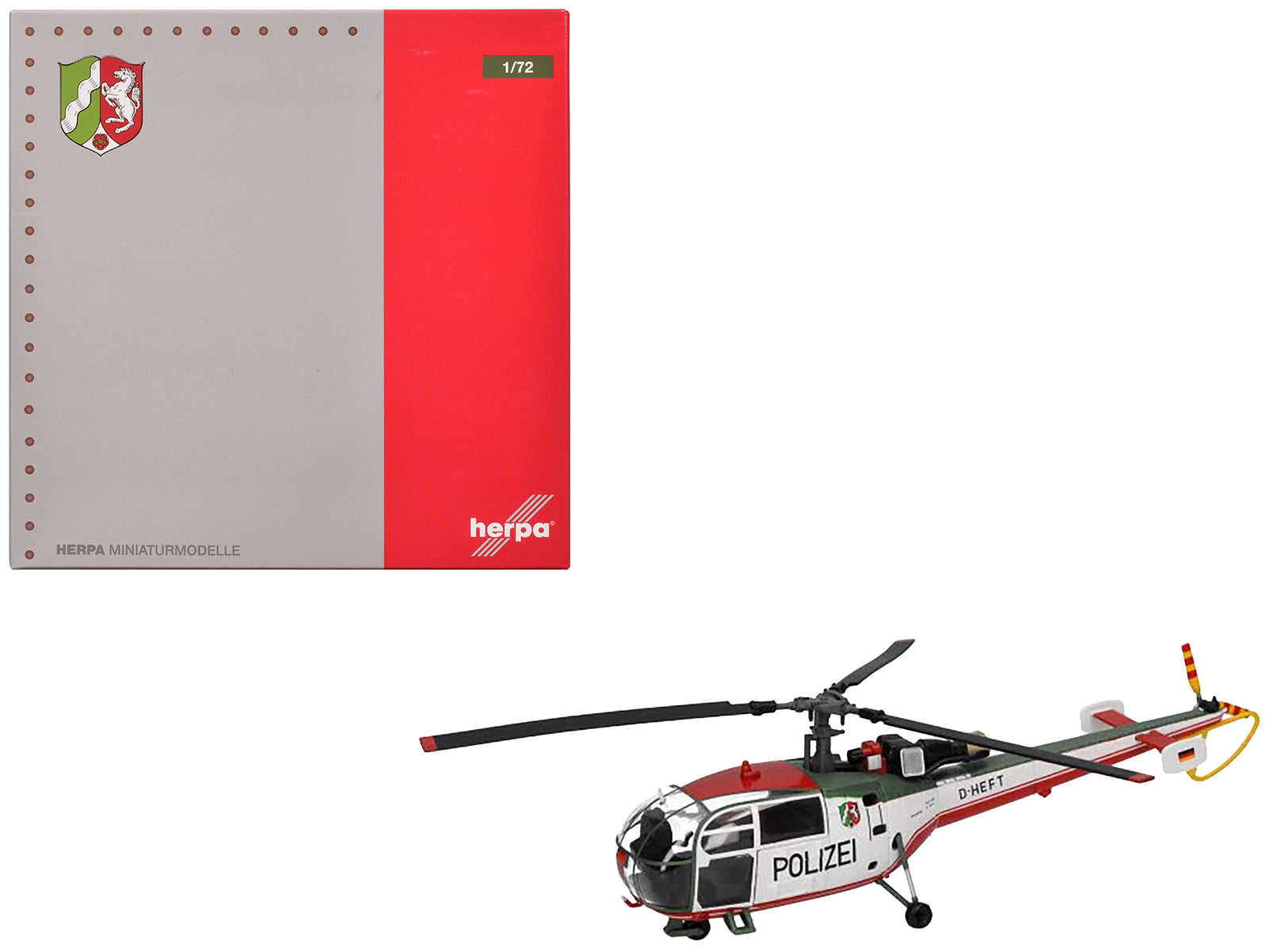 Aerospatiale Alouette III Helicopter "Polizeifliegerstaffel Nordrhein-Westfalen (Police Aviation Squadron North Rhine-Westphalia)" (D-HEFT) White with Red and Green Stripes 1/72 Diecast Model by Herpa-DiecastModeler.com