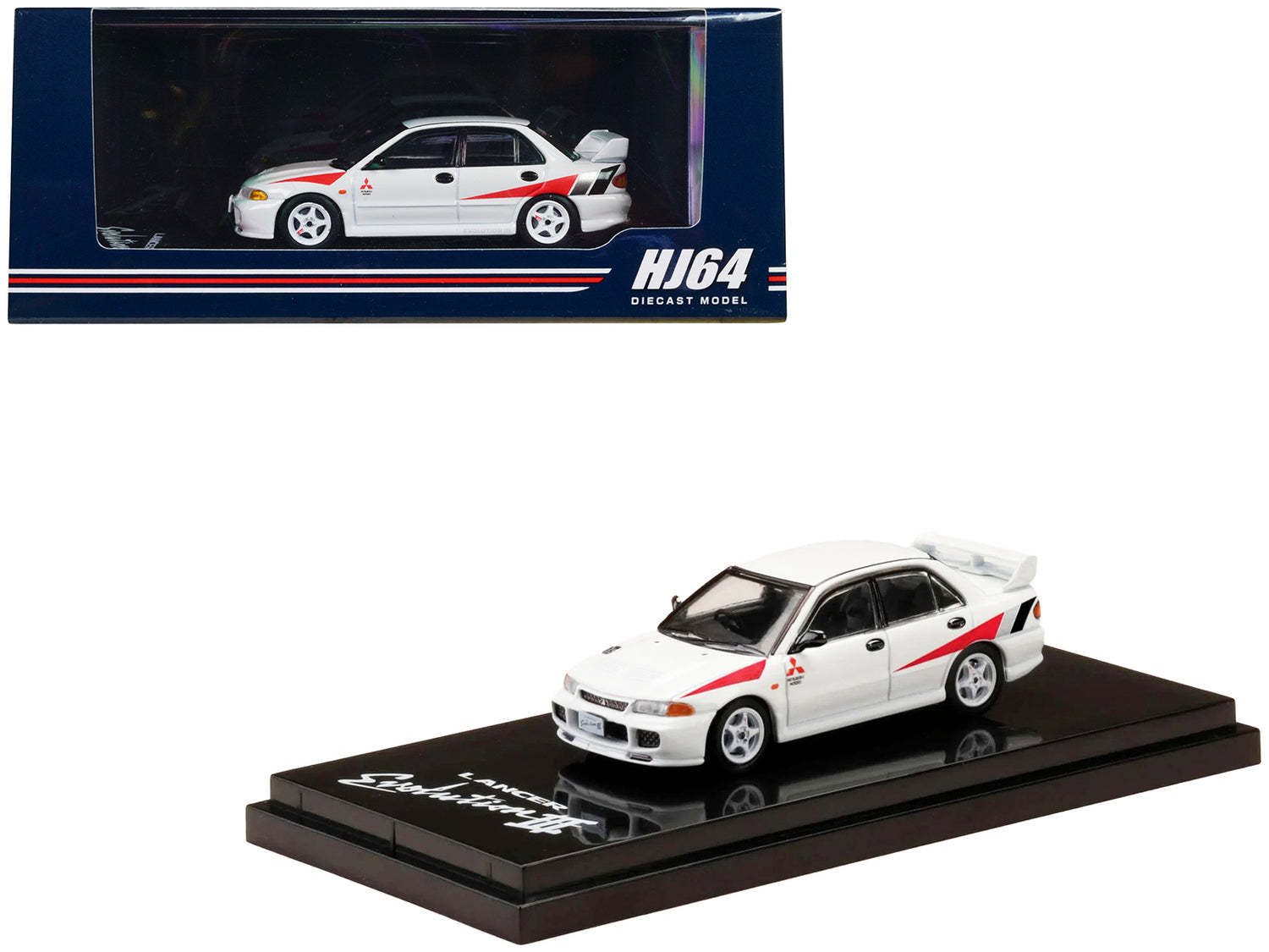 Mitsubishi Lancer RS Evolution III RHD (Right Hand Drive) Scortia White with Red Rally Stripes 1/64 Diecast Model Car by Hobby Japan-DiecastModeler.com