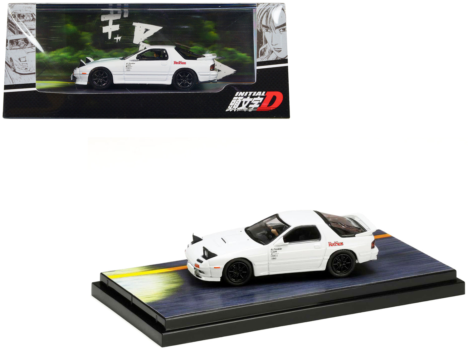 Mazda RX-7 (FC3S) RHD (Right Hand Drive) White "RedSuns" with Ryosuke Takahashi Driver Figure "Initial D" (1995-2013) Manga 1/64 Diecast Model Car by Hobby Japan-DiecastModeler.com