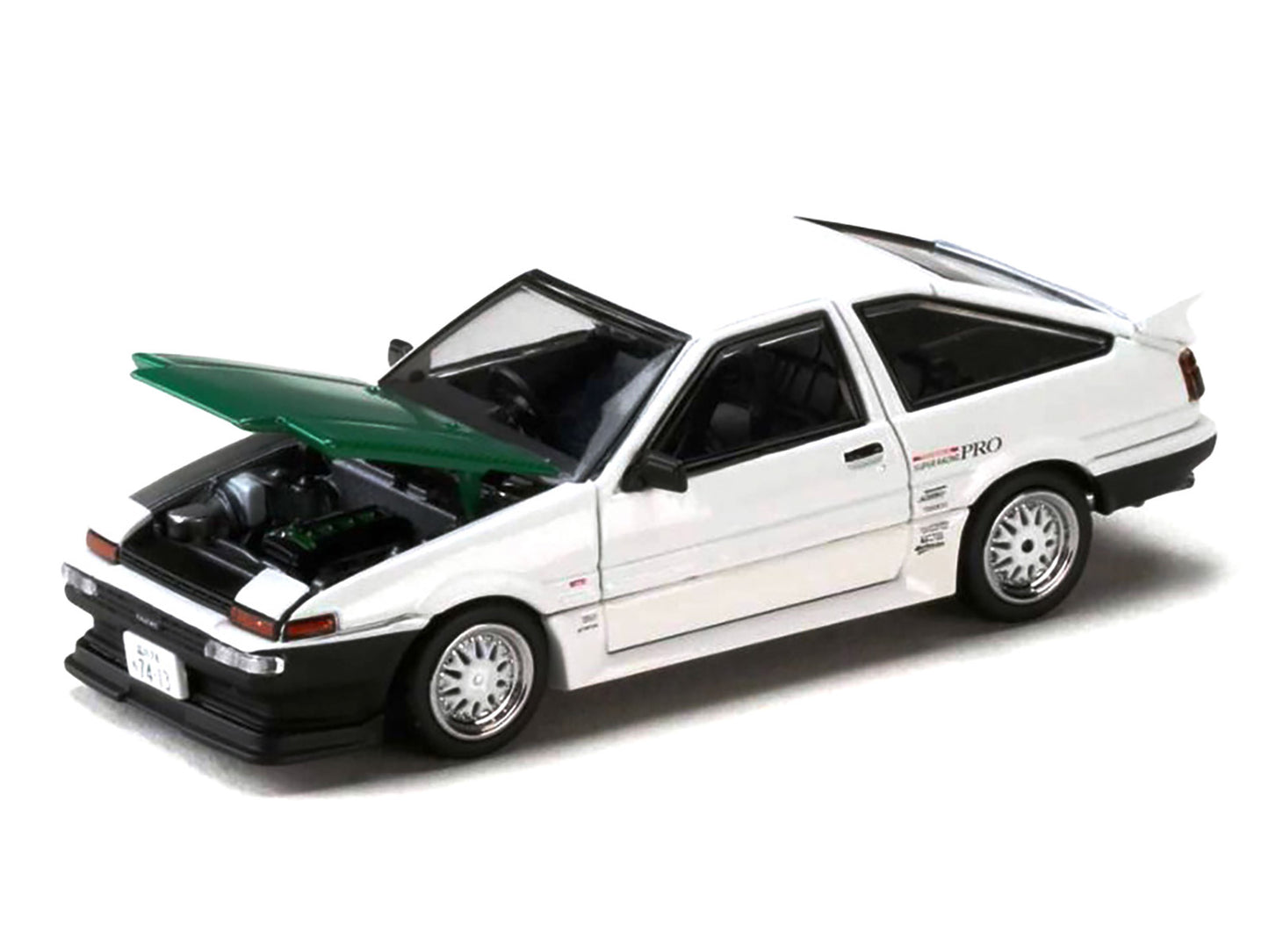 Toyota Sprinter Trueno (AE86) RHD (Right Hand Drive) "Keiichi Tsuchiya - Dori Dori Mesh Wheels" White with Green Carbon Hood 1/64 Diecast Model Car by Hobby Japan-DiecastModeler.com