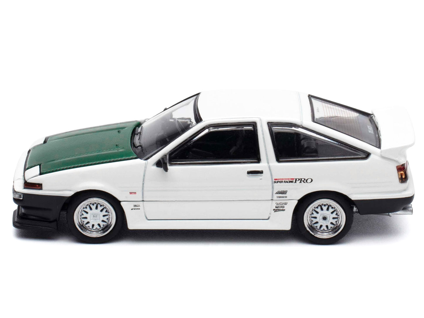 Toyota Sprinter Trueno (AE86) RHD (Right Hand Drive) "Keiichi Tsuchiya - Dori Dori Mesh Wheels" White with Green Carbon Hood 1/64 Diecast Model Car by Hobby Japan-DiecastModeler.com