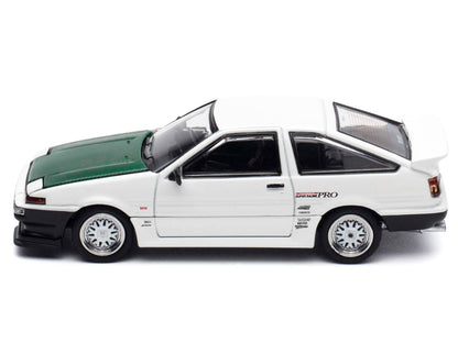 Toyota Sprinter Trueno (AE86) RHD (Right Hand Drive) "Keiichi Tsuchiya - Dori Dori Mesh Wheels" White with Green Carbon Hood 1/64 Diecast Model Car by Hobby Japan-DiecastModeler.com