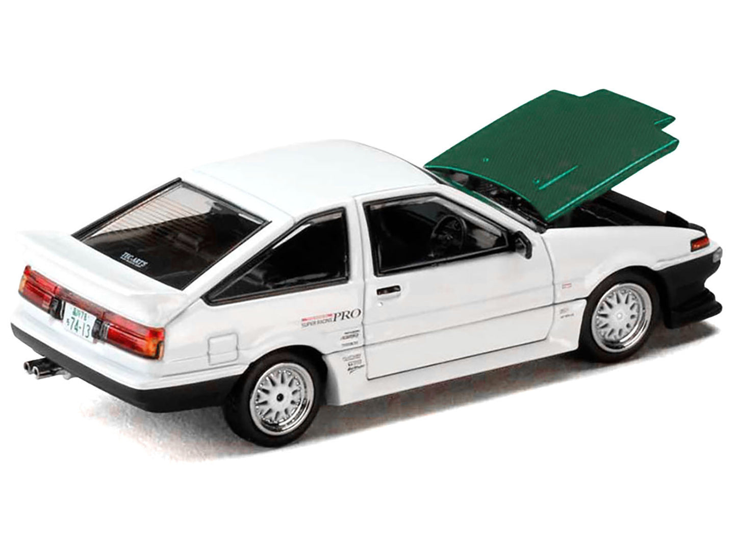 Toyota Sprinter Trueno (AE86) RHD (Right Hand Drive) "Keiichi Tsuchiya - Dori Dori Mesh Wheels" White with Green Carbon Hood 1/64 Diecast Model Car by Hobby Japan