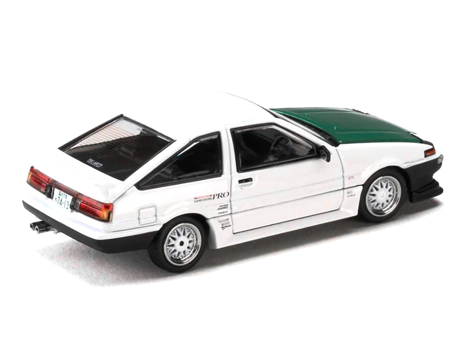 Toyota Sprinter Trueno (AE86) RHD (Right Hand Drive) "Keiichi Tsuchiya - Dori Dori Mesh Wheels" White with Green Carbon Hood 1/64 Diecast Model Car by Hobby Japan-DiecastModeler.com