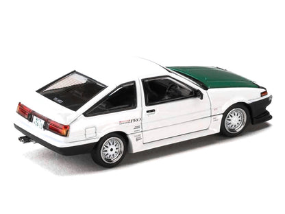 Toyota Sprinter Trueno (AE86) RHD (Right Hand Drive) "Keiichi Tsuchiya - Dori Dori Mesh Wheels" White with Green Carbon Hood 1/64 Diecast Model Car by Hobby Japan-DiecastModeler.com