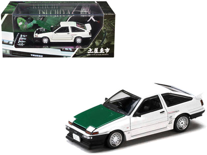 Toyota Sprinter Trueno (AE86) RHD (Right Hand Drive) "Keiichi Tsuchiya - Dori Dori Mesh Wheels" White with Green Carbon Hood 1/64 Diecast Model Car by Hobby Japan