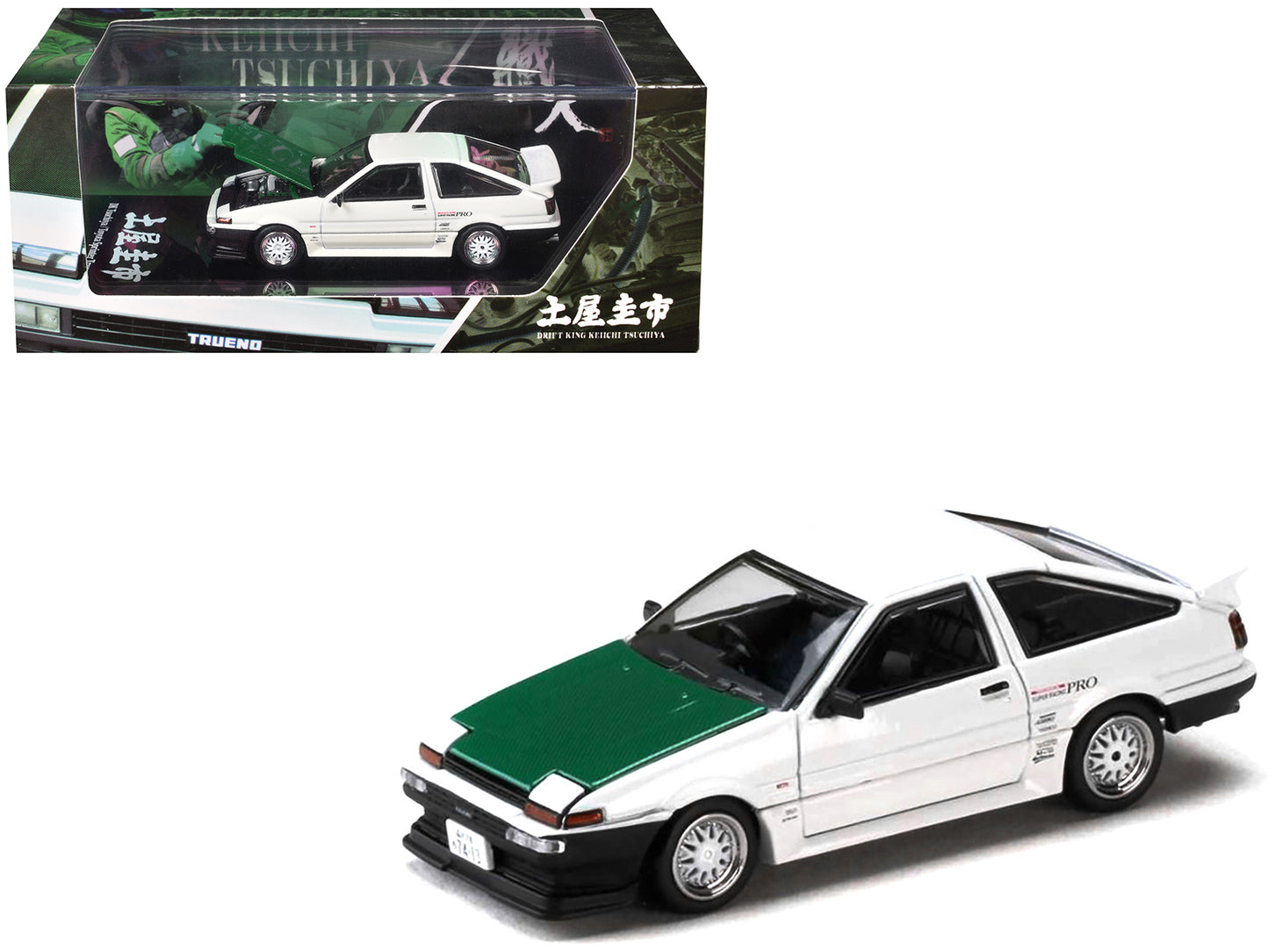Toyota Sprinter Trueno (AE86) RHD (Right Hand Drive) "Keiichi Tsuchiya - Dori Dori Mesh Wheels" White with Green Carbon Hood 1/64 Diecast Model Car by Hobby Japan-DiecastModeler.com