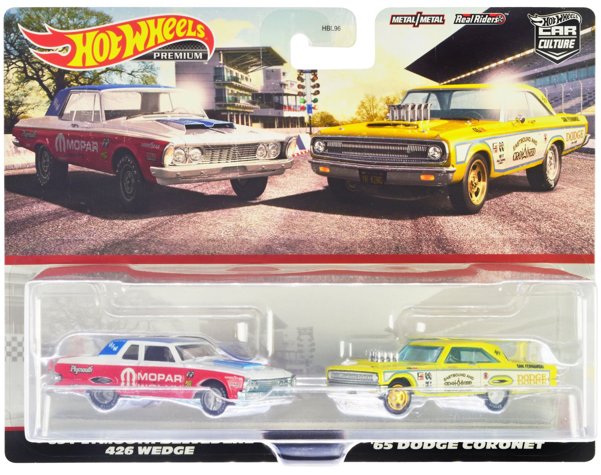1963 Plymouth Belvedere 426 Wedge "MOPAR" White and Red with Blue Top and 1965 Dodge Coronet "Eastbound and Crowned" Yellow and White "Car Culture" Set of 2 Cars Diecast Model Cars by Hot Wheels-DiecastModeler.com