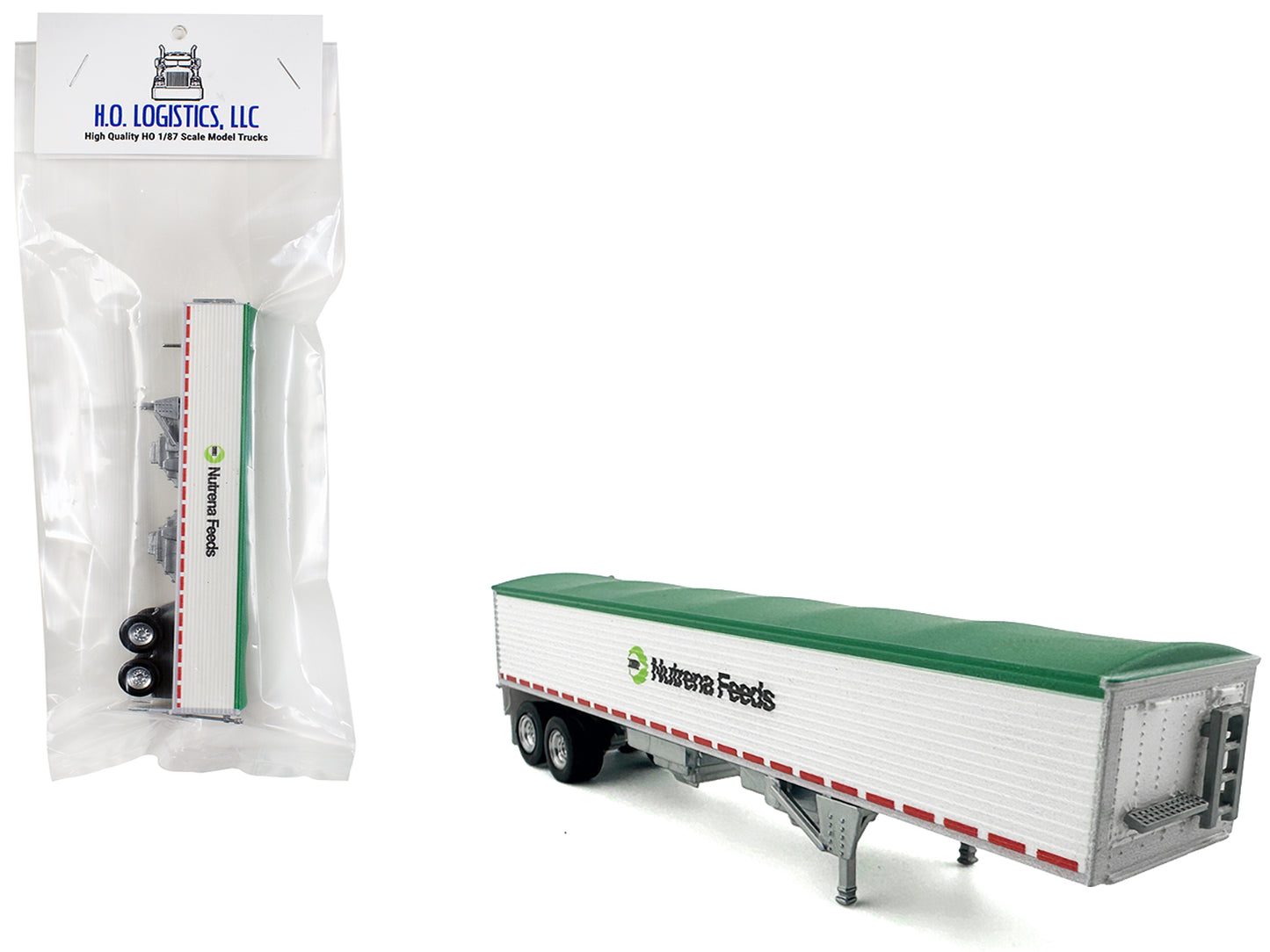 Covered Grain Trailer White with Green Tarp "Nutrena Feeds" 1/87 (HO) Plastic Model Car by HO Logistics-DiecastModeler.com