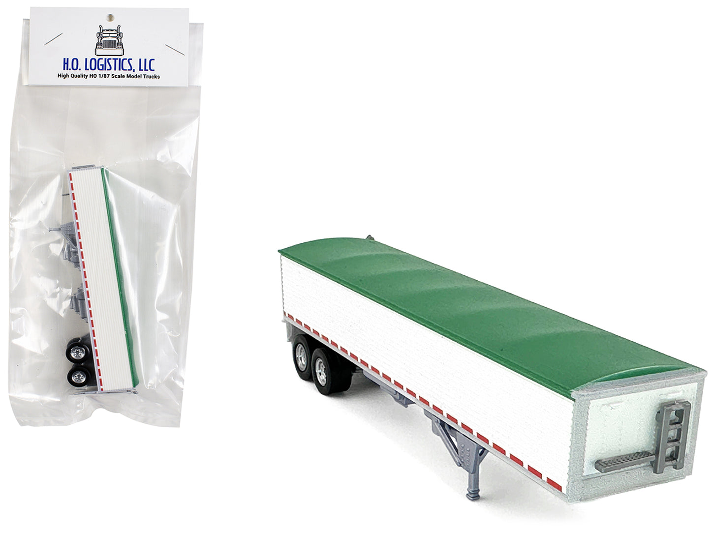 Covered Grain Trailer White with Green Tarp 1/87 (HO) Plastic Model Car by HO Logistics-DiecastModeler.com
