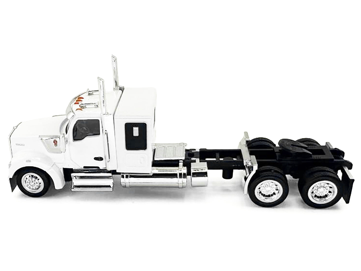 Kenworth W990 with Flat Top Sleeper Cab White 1/87 (HO) Plastic Model Car by HO Logistics-DiecastModeler.com
