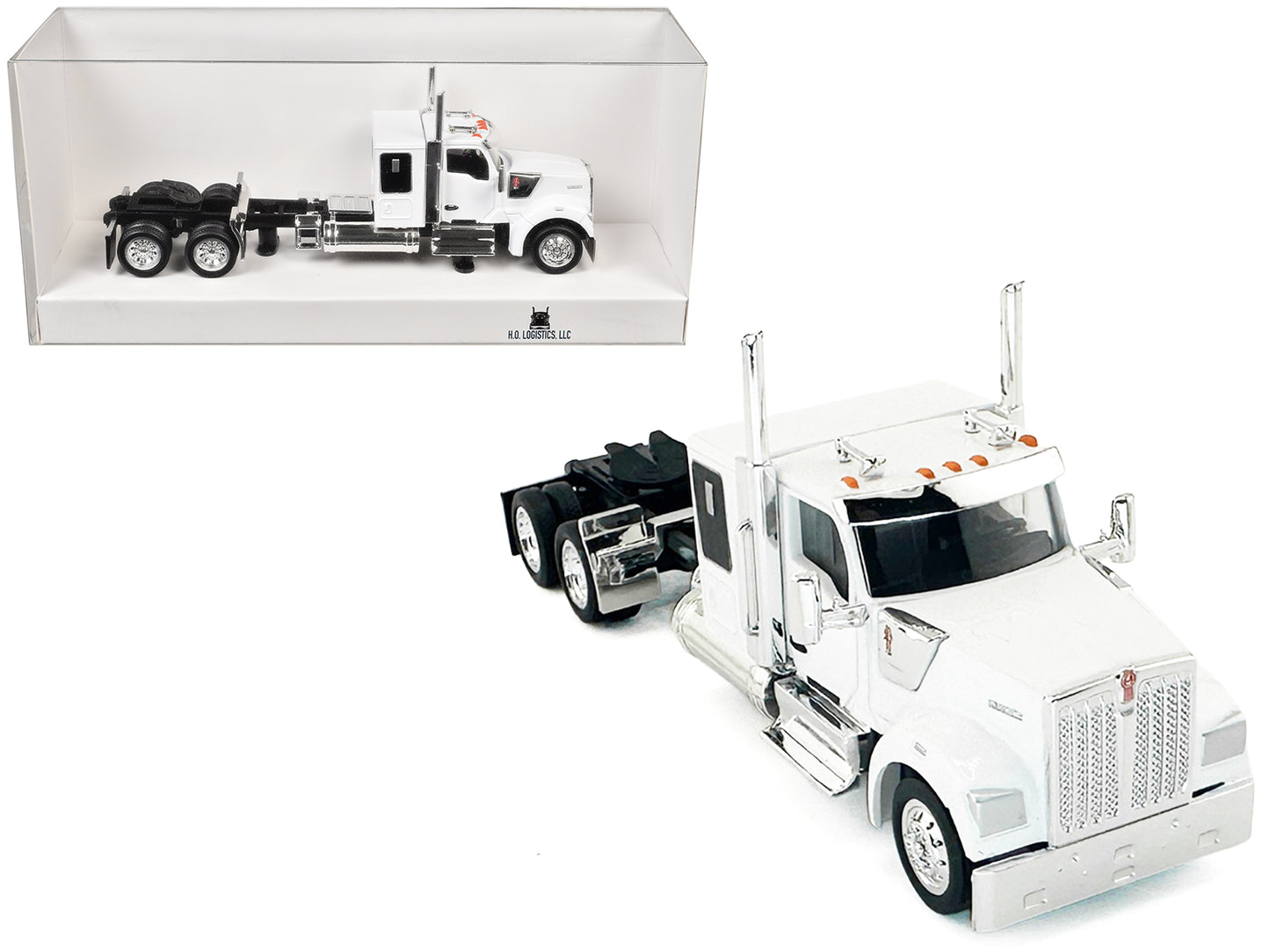 Kenworth W990 with Flat Top Sleeper Cab White 1/87 (HO) Plastic Model Car by HO Logistics