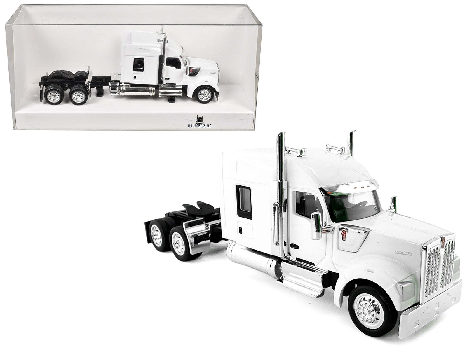 Kenworth W990 with Stand Up Sleeper Cab White 1/87 (HO) Plastic Model Car by HO Logistics-DiecastModeler.com