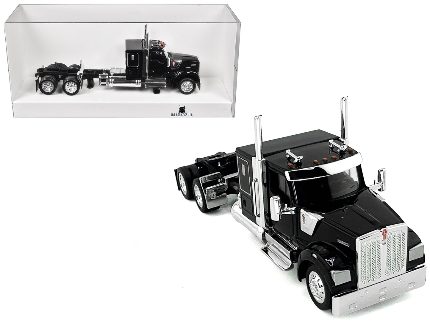 Kenworth W990 with Flat Top Sleeper Cab Black 1/87 (HO) Plastic Model Car by HO Logistics