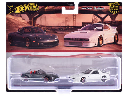 Mazda Mazdaspeed Miata Gray Metallic and Mazda RX7 FC Pandem White "Car Culture" Set of 2 Cars Diecast Model Cars by Hot Wheels