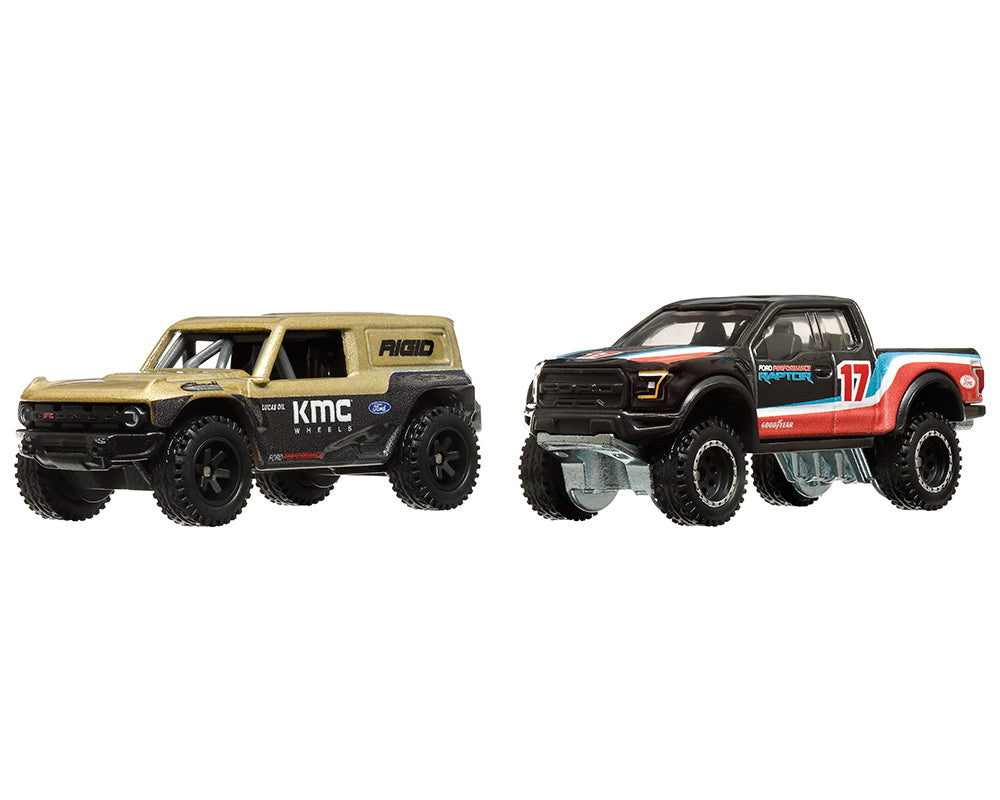 Ford Bronco R Gold Metallic and Black and 2017 Ford F-150 Raptor Pickup Truck #17 Black with Stripes "Car Culture" Set of 2 Cars Diecast Model Cars by Hot Wheels-DiecastModeler.com