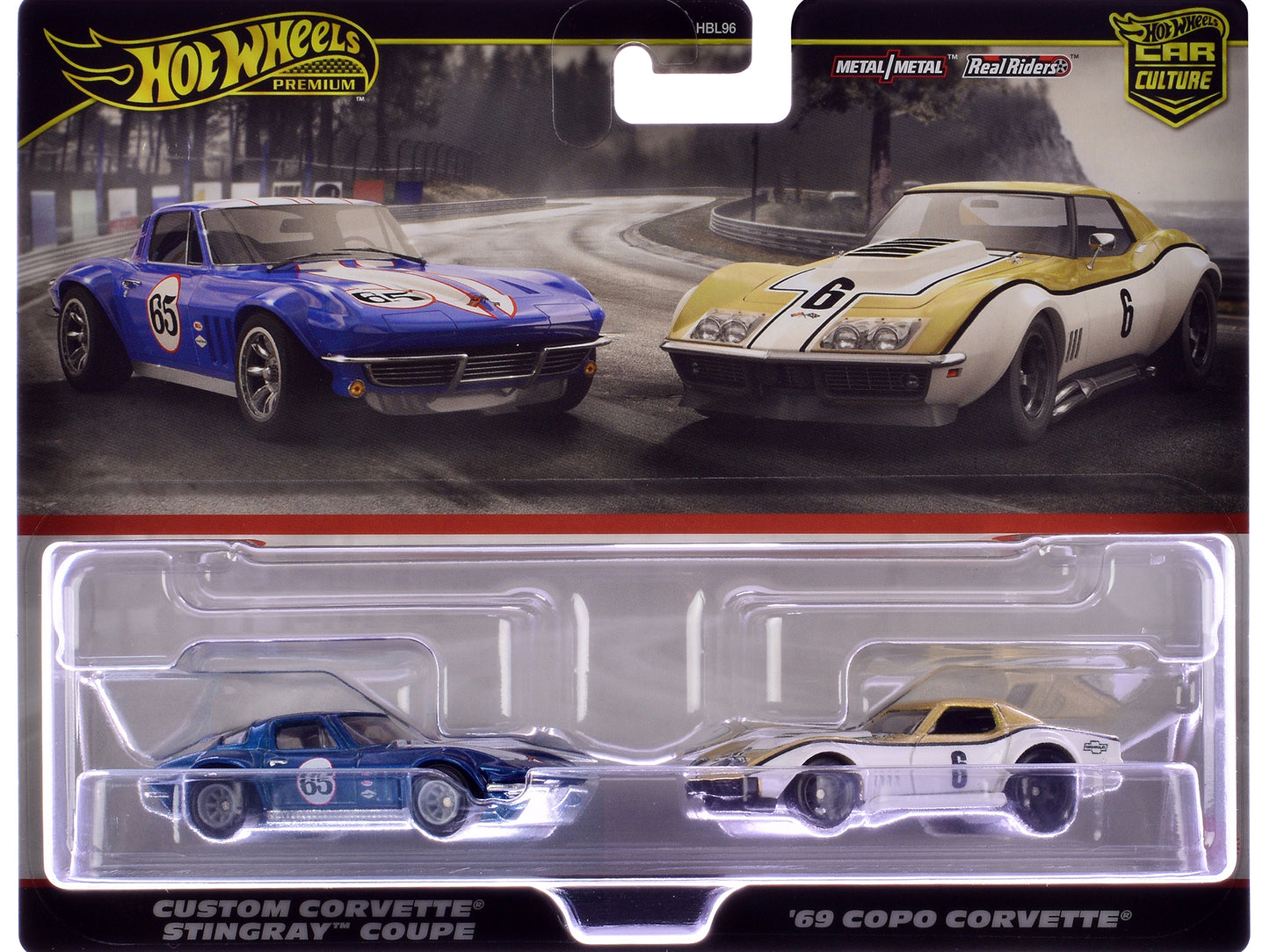 Chevrolet Custom Corvette Stingray Coupe #65 Blue Metallic with White Stripes and 1969 Chevrolet COPO Corvette #6 Gold Metallic and White "Car Culture" Set of 2 Cars Diecast Model Cars by Hot Wheels-DiecastModeler.com