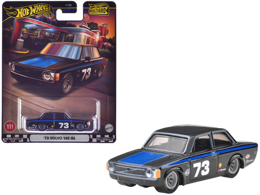 1973 Volvo 142 GL #73 Black with Blue Stripes and Hood "Boulevard" Series Diecast Model Car by Hot Wheels-DiecastModeler.com
