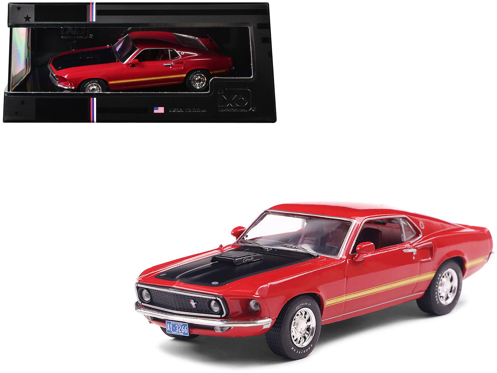 1969 Ford Mustang Mach 1 Calypso Coral Red with Black Hood and Yellow Stripes 1/43 Diecast Model Car by IXO Models-DiecastModeler.com