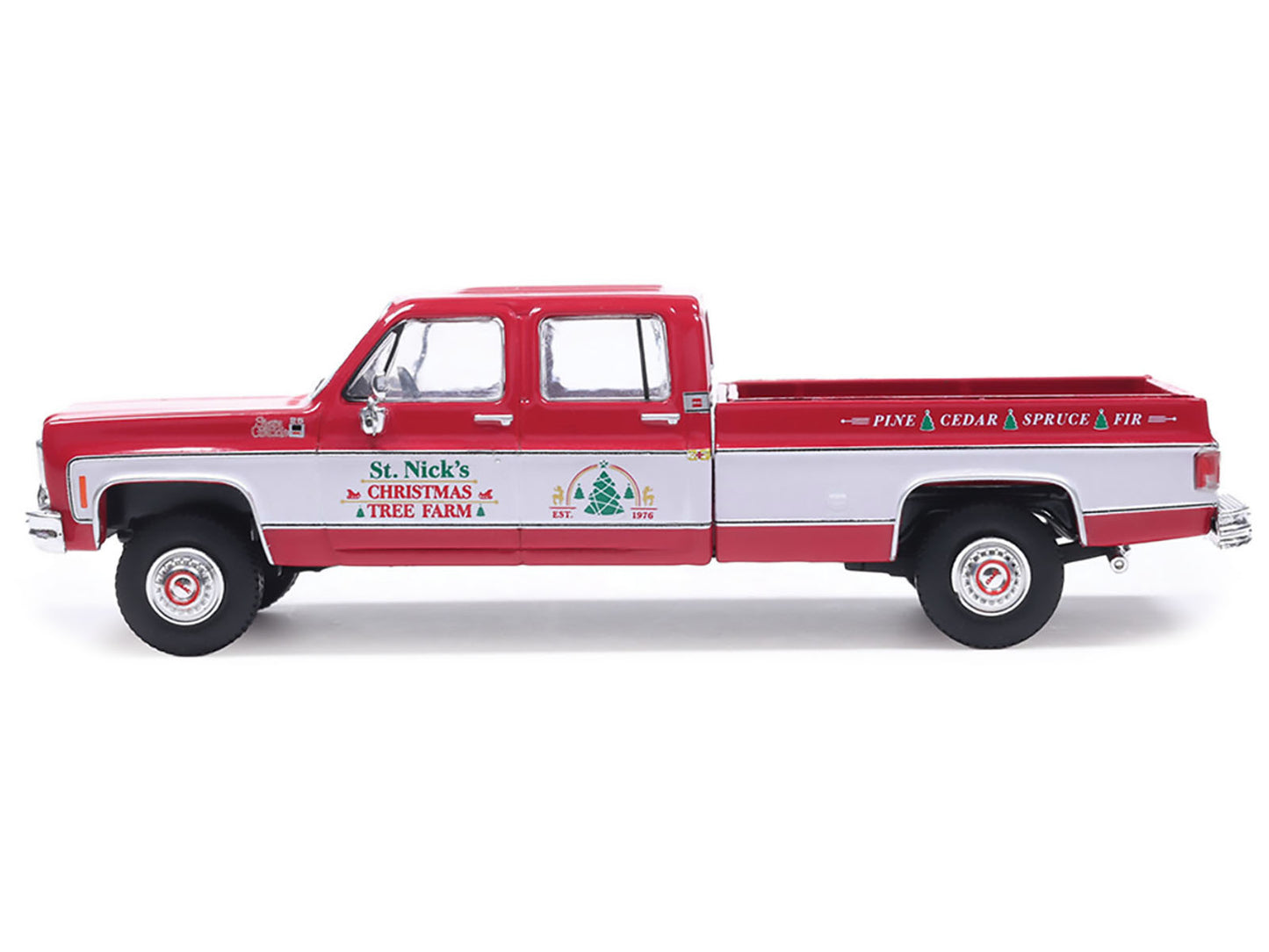 1976 GMC Sierra Grande K2500 Wideside Pickup Truck "St. Nick's Christmas Tree Farm" Red with White Sides "Christmas Limited Edition" 1/64 Diecast Model Car by IXO Models-DiecastModeler.com