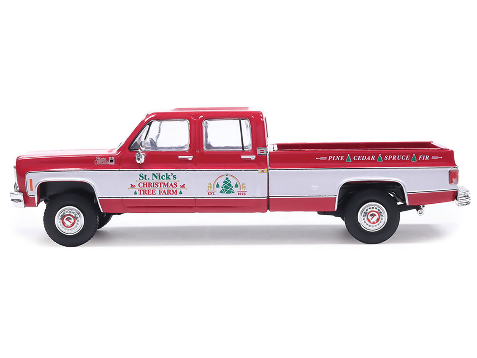 1976 GMC Sierra Grande K2500 Wideside Pickup Truck "St. Nick's Christmas Tree Farm" Red with White Sides "Christmas Limited Edition" 1/64 Diecast Model Car by IXO Models-DiecastModeler.com