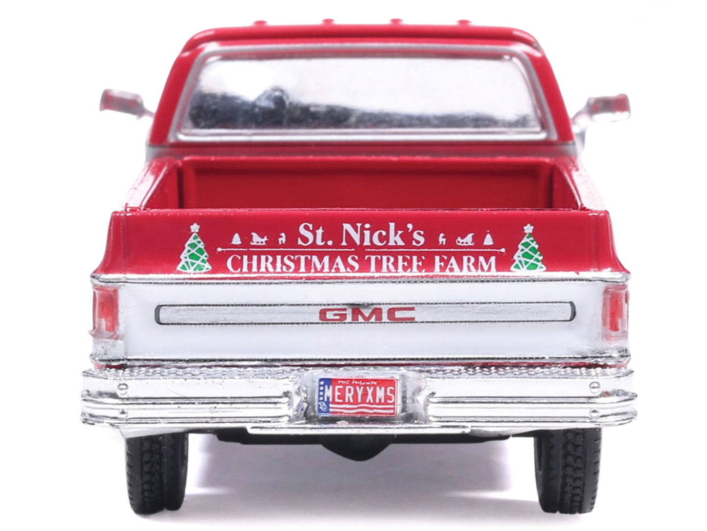 1976 GMC Sierra Grande K2500 Wideside Pickup Truck "St. Nick's Christmas Tree Farm" Red with White Sides "Christmas Limited Edition" 1/64 Diecast Model Car by IXO Models-DiecastModeler.com